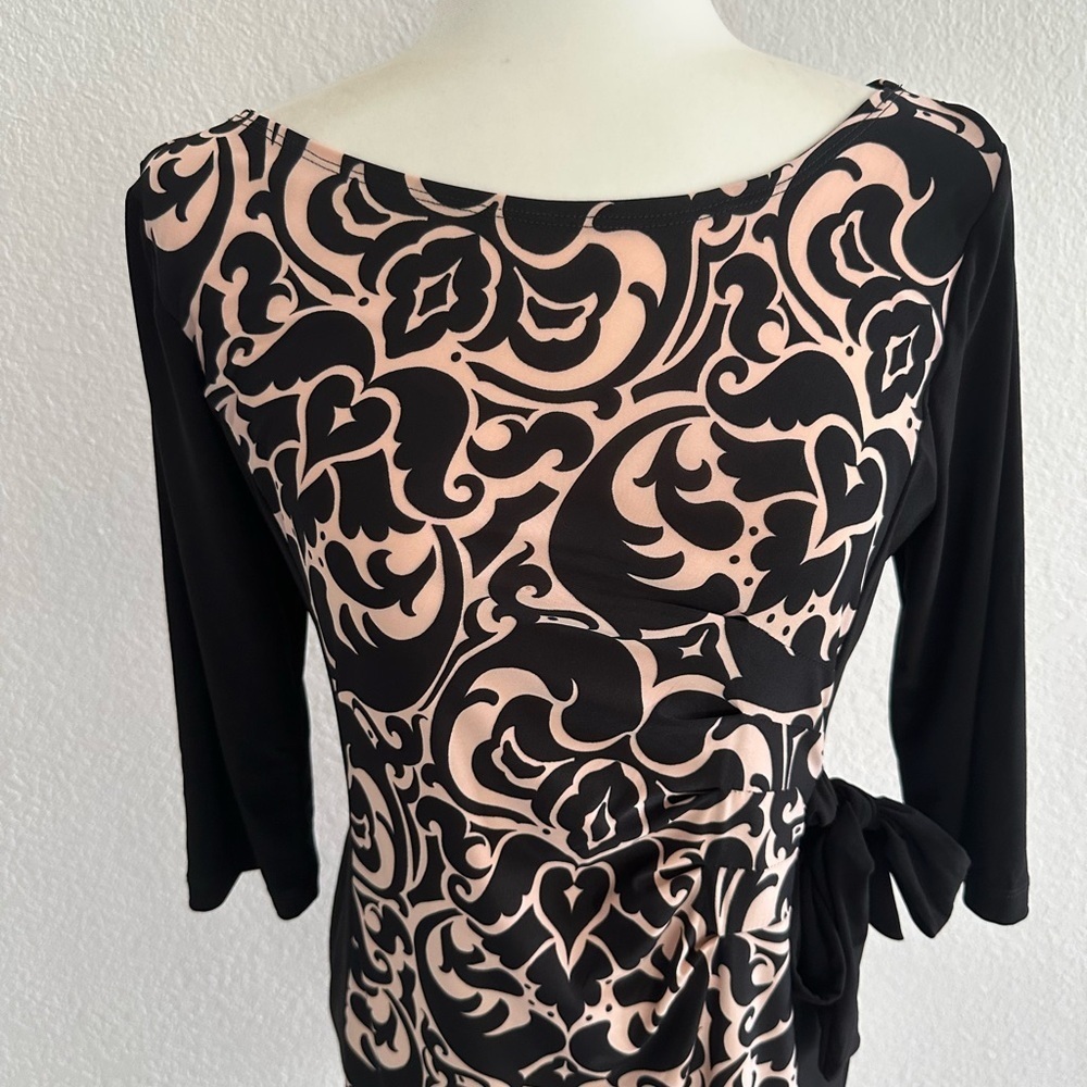 Sheath Baroque Print Pink and Black Dress with Side Tie - Picture 2 of 8